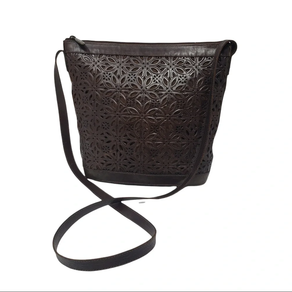 Unisa Brown Leather Purse Laser Cut Floral Pattern Zipper Close. - Picture 2 of 10